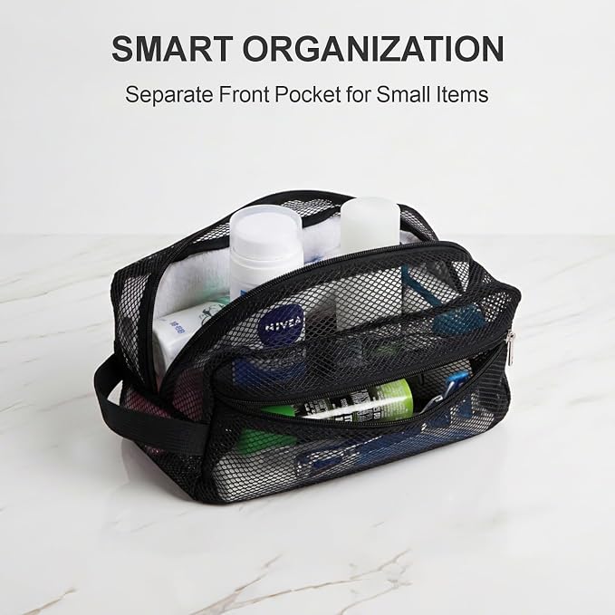 Mesh Shower Caddy Portable with Zipper - Toiletry Shower Bag for travel Gym | 2 Pockets, Quick-Dry Mesh, S-Hook, Small Hanging Shower Caddy for Toiletry Essentials, Bathroom & Camping, Black