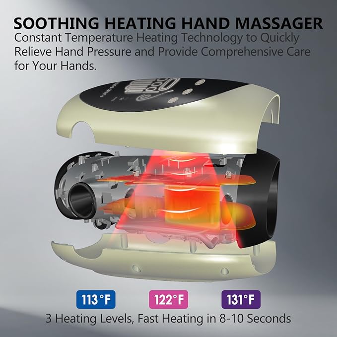 FSA Hand Massager with Heat and Compression for Arthritis Pain Relief, with 5-Finger Individual Therapy, Fits All Hand Sizes,Rechargeable & Portable (Beige)