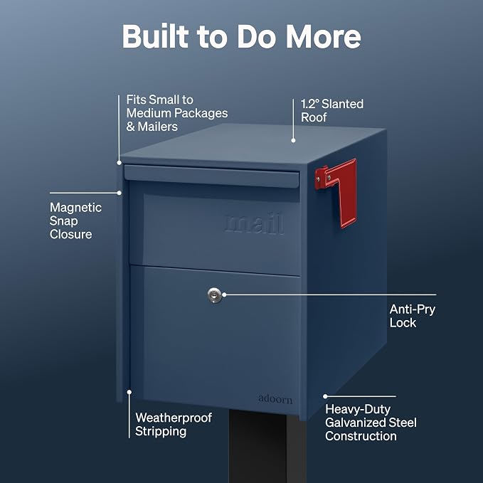 Adoorn Lockable Post Mount Mailboxes for Outside - Large Anti-Theft Locking Mailbox for Packages and Letters - Weatherproof Construction - Durable Steel - 15.5" H x 12" W x 18.5" D - Navy