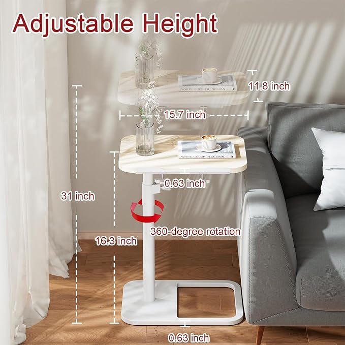 GOYLSER TV Tray Table for Couch, Height Adjustable/360° Swivel/180° Flip-Over Panel Design C-Shaped End Table, Sofa End Side Table with Phone & Tablet Slot for Eating, Laptop, Couch (Natural)