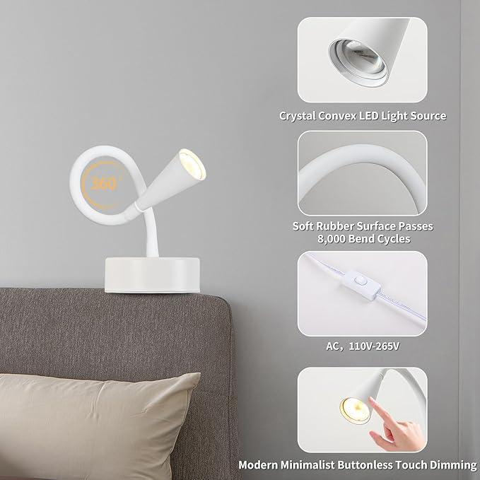 White Headboard Reading Light, No Drilling Wall Mounted Reading Lights for Bedside, Book Light for Bedtime Reading, Buttonless Dimmable Reading Lamp, Movable Gooseneck Reading Sconces for Bedroom