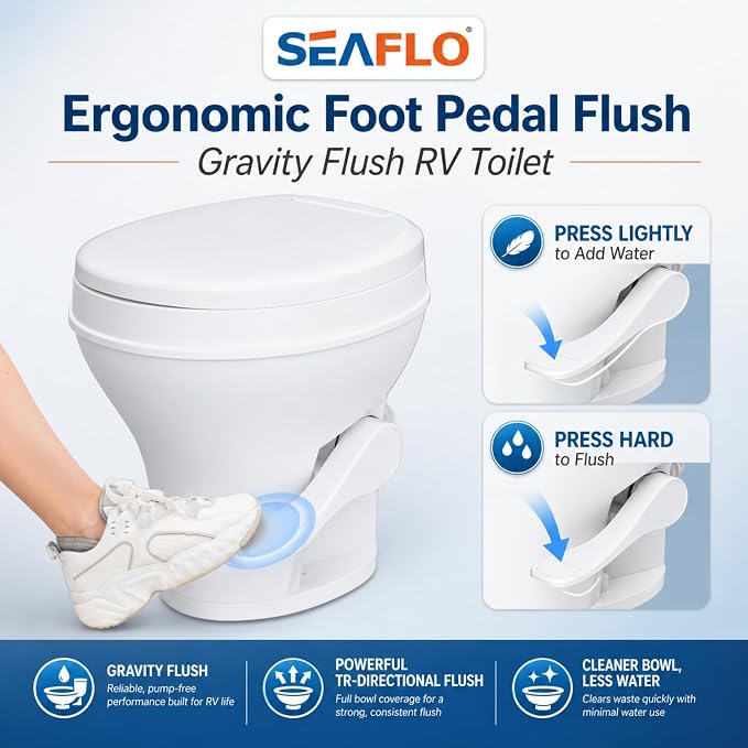 SEAFLO RV Toilet with Sprayer Attachment - White, 18.4” Residential Height, Gravity Flush Foot Pedal Camper Toilet Soft Close Seat Elongated Bowl Motorhome, 4-Year Warranty, SFRTPH-01-02