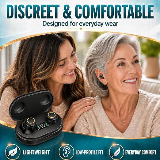 Hearing Amplifier Rechargeable for Seniors Adults - Personal Sound Amplifier Device with Charging Case, Noise Reduction for TV Watching Conversations, Easy Volume Control, Comfortable In-Ear PSAP (Black)