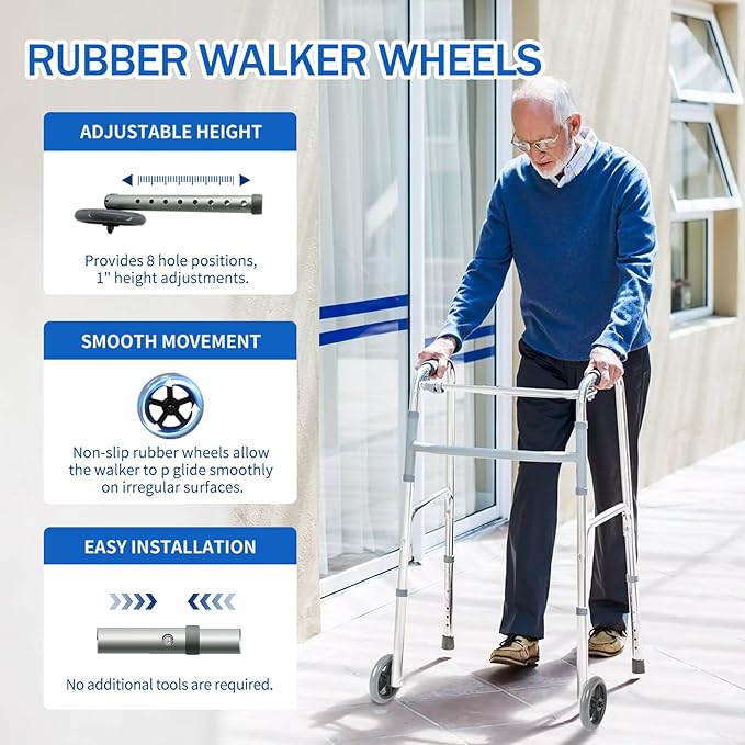 Walker Wheels Replacement - 5 Inch Wheels for Walkers for Seniors | 1 Pair Walker Wheels for Walkers with 1 Inch Tube Diameter, Walker Feet Accessories (Grey)