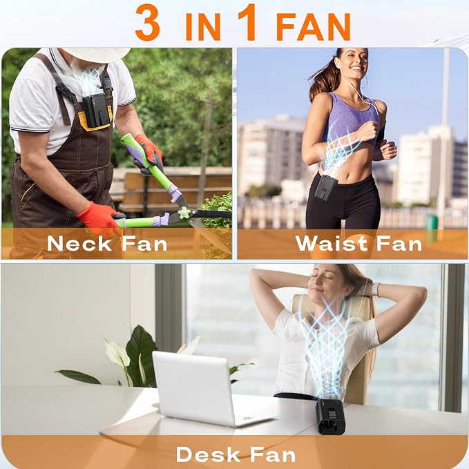 Awonoso 10000RPM Portable Waist Fan Clipped in Wearable Belt Personal Fan, 10000mAh Minimum Gear Endurance Up to 20 hours, 3 Speed Neck Fan, Desk Fans (Black) (Black)