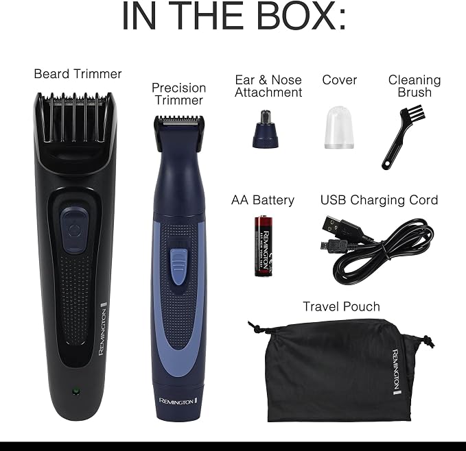 Remington Rechargeable Beard Trimmer Kit for Mustaches, Nose Hair, and Light Detailing and Grooming with Bonus Battery Nose Trimmer