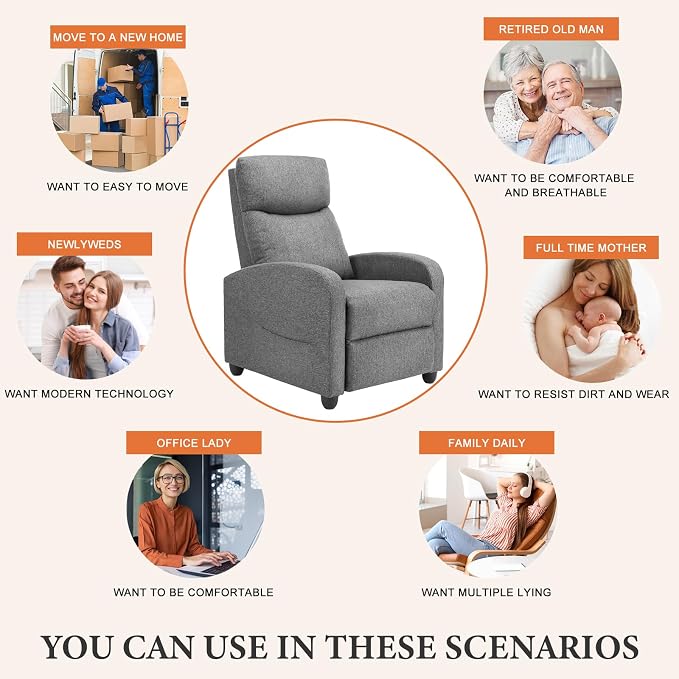OLIXIS Recliner Chair for Adults, Home Theater Seating with Lumbar Support | Fabric Reclining Sofa Chair Seat for Living Room, Recliners, Gray