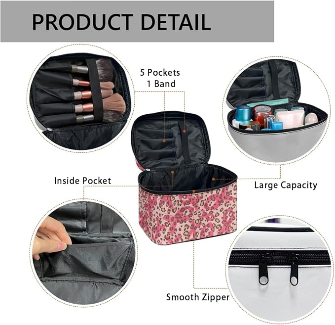 Breast Cancer Support Makeup Organizer Case, Pink Ribbon Toiletry Bag for Women, Leopard Print Travel Cosmetic Bag for Toiletries Essential