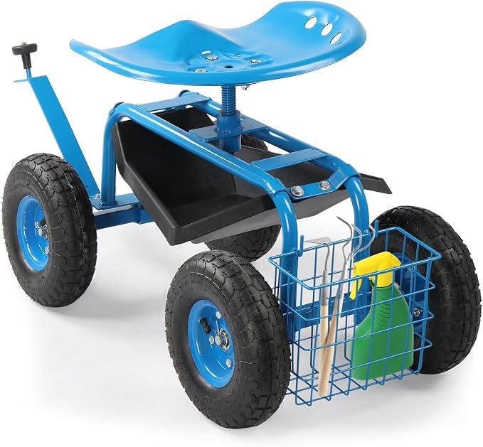 VINGLI Garden Cart with Rolling Seat, Wheels, Steering Handle & Utility Tool Tray, Planting Wagon Scooter, Gardening Tool for Senior, for Patio, Backyard, Lawn & Outdoor (Blue)