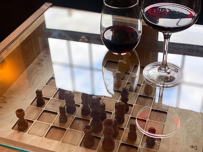Rustic Chess and Checkers Coffee/End Table with Removable Glass top - Full Set of Chess and Checkers Pieces Included.