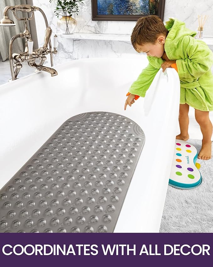 DEXI Bathtub Mat Non Slip 16x35, Shower Floor Mats for Bathroom Bath Tub, Washable Oval Bathmat with Suction Cups and Drain Holes, Clear Gray