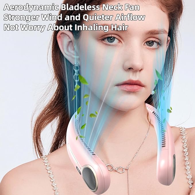 Portable Neck Fan, Personal Wearable Bladeless Fan, 6000mAh USB Rechargeable, 360° Airflow, LED Display, 4-Speeds, Hands Free Fan for Outdoor Indoor, Birthday Gifts for Men Women Dad Mom (Pink)