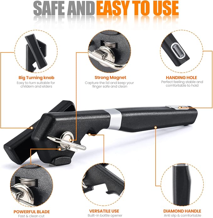 2 in 1 Safety Can Opener Manual Smooth Edge & Bottle Opener, No-Trouble-Lid-Lift Manual Can Opener with Magnet, Large Rubber Handle & Stainless Steel Blade, Side Cut Hand Can Opener for Kitchen