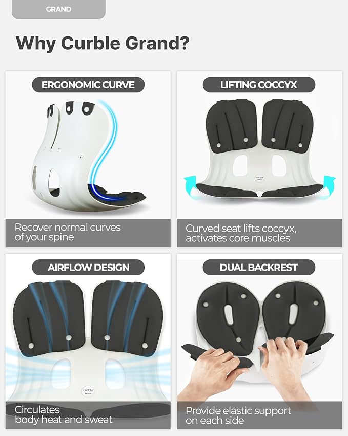 curble Grand– Extra Wide Ergonomic Seat Support, Sit Straighter Without Effort, Passive Posture Trainer for Office, Home & Car (Black)