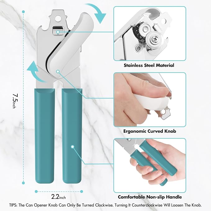 Can Opener Manual, COKORA Can Openers Hand Held with Comfort Anti-Slip Handles, Heavy Duty Stainless Steel Can Opener Smooth Edge and Bottle Openers, Easy Turn Can Openers for Seniors, Kitchen, Green