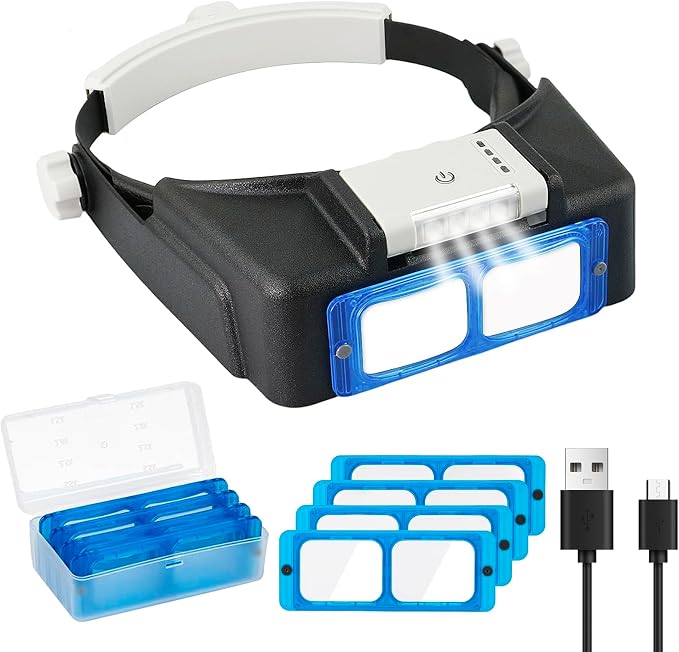 Headband Magnifier with Light，Rechargeable，Glasses for Close Work, 4 Lenses | The 4 lenses can be replaced. ，Loupe Visor for Repair,Crafts, Hobby，Jewelers，hands free magnifying glasses with light