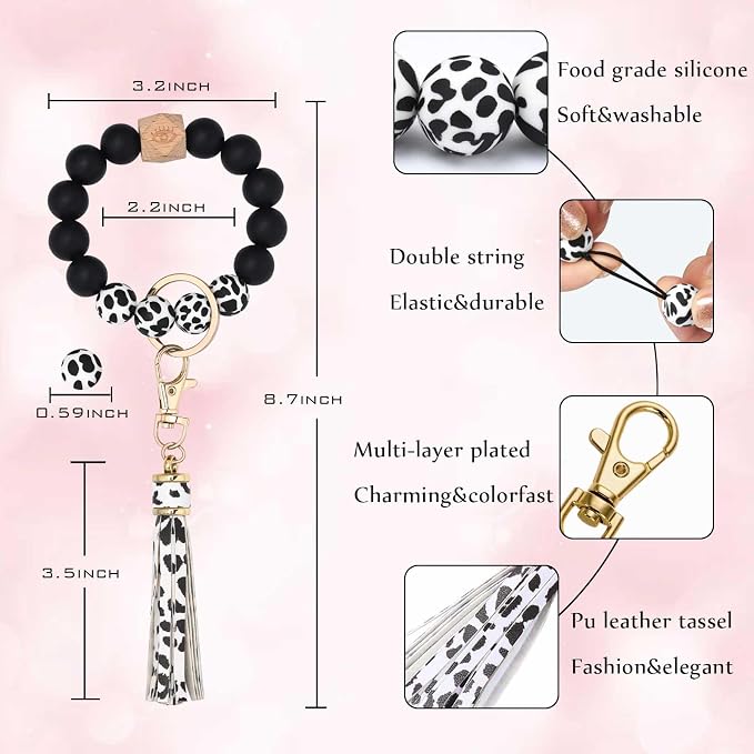 BAOSIWA Silicone Beaded Bracelet Keychain Wristlet Key Ring Bangle Chains for Women with Leather Tassel