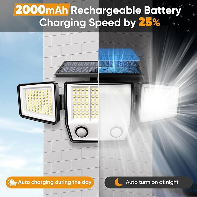MDCMDCM Solar Lights Outdoor Waterproof with Dual Motion Sensors - 3000LM Solar Security Light for Garden Patio Pathway Fence, IP65 Waterproof Solar Flood Lights