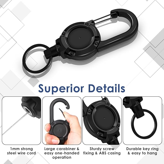 Retractable Keychain 4 Pieces Heavy Duty Carabiner Badge Holder Retractable Badge Reel ID Holder Extendable Key Ring Key Holder for 8 oz ABS Casing with 24 inches Steel Cord