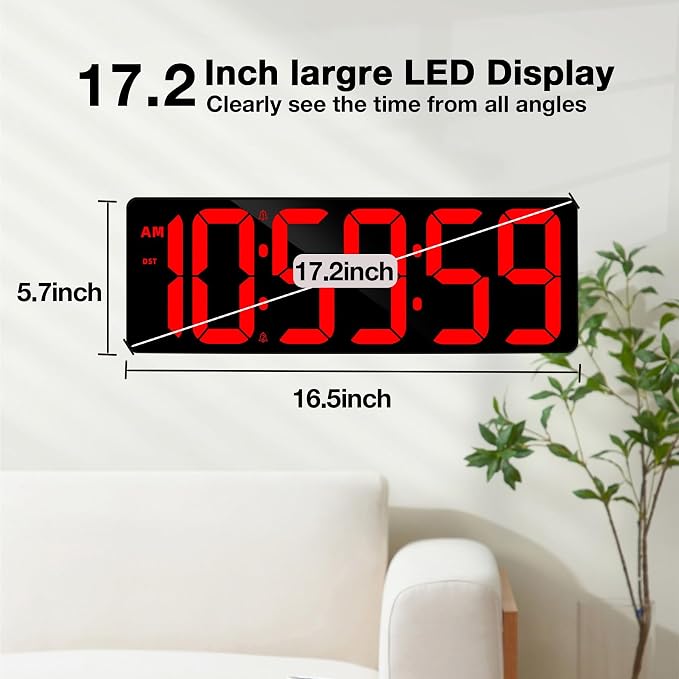 Large Digital Timer Wall Clock with Remote Control, 17.2" Count Down Up Digital Timer LED Display Auto DST Big Digital Clock for Bedroom Kitchen Living Room Office Gym Home Decor