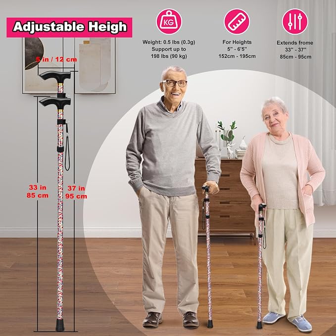 MFE Folding Cane, Portable 5-Level Adjustable Height Walking Stick with Foldable Design, Wrist Strap, and T Handle for Men and Women