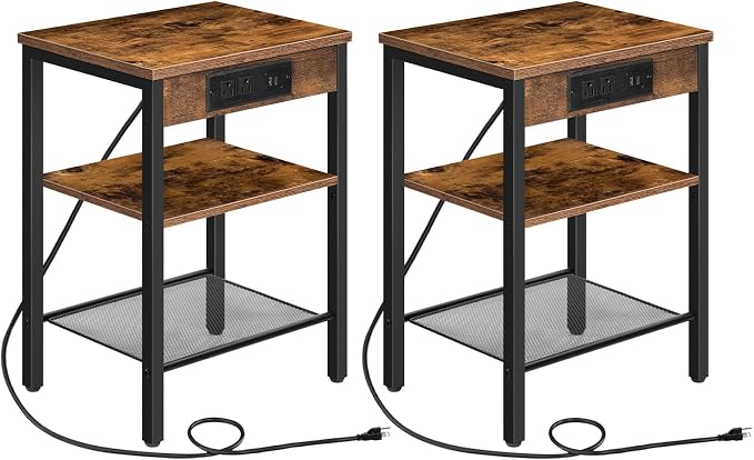 HOOBRO Side Tables Set of 2 with Charging Station and USB Port, Small End Tables for Small Space, 3-Tier Nightstands with Adjustable Shelf, for Living Room, Bedroom, Rustic Brown BF112BZP201