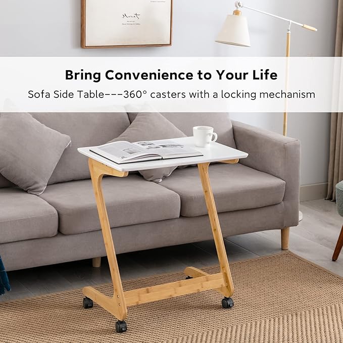 Nnewvante TV Tray, Sofa Side End Laptop Table with Wheels, Desk Snack Tray for Small Spaces Living Room and Bedroom, 23.5 Inch x 15.8 Inch (Standard with 360° Casters, Bamboo/White)
