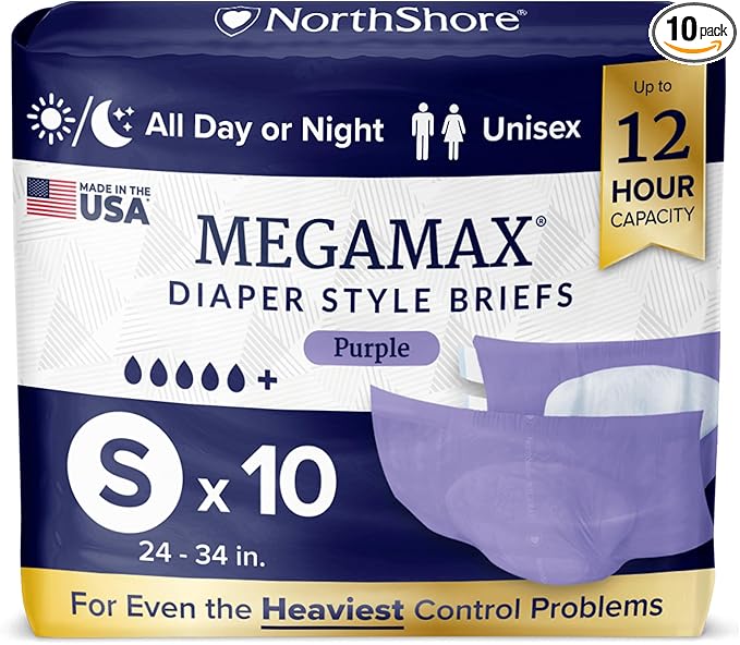 NorthShore MegaMax Made in USA 12-Hour HBL Adult Diapers for Heavy Bladder Leaks, Small, 10 Count, Purple, 24-34 inches, Tab-Style Incontinence Underwear for Men, Women & Teens