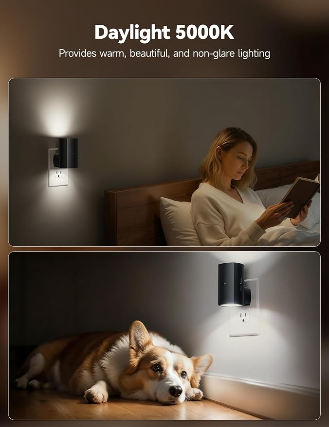 Brightown BL-WM-Square-Black-PW-2PC | Modern Night Light with Rotating Plug, Dusk to Dawn Sensor, 0-100LM Stepless Dimming Night Light for Hallway Bedroom Bathroom