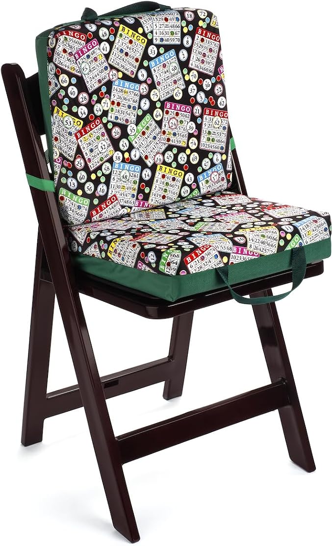 Classic Bingo Pattern Seat Cushion – Extra Thick 3” Bingo Pillow with Strap, Storage Pouch & Handles – Comfortable Folding Chair Cushion for Bingo Nights (Green)
