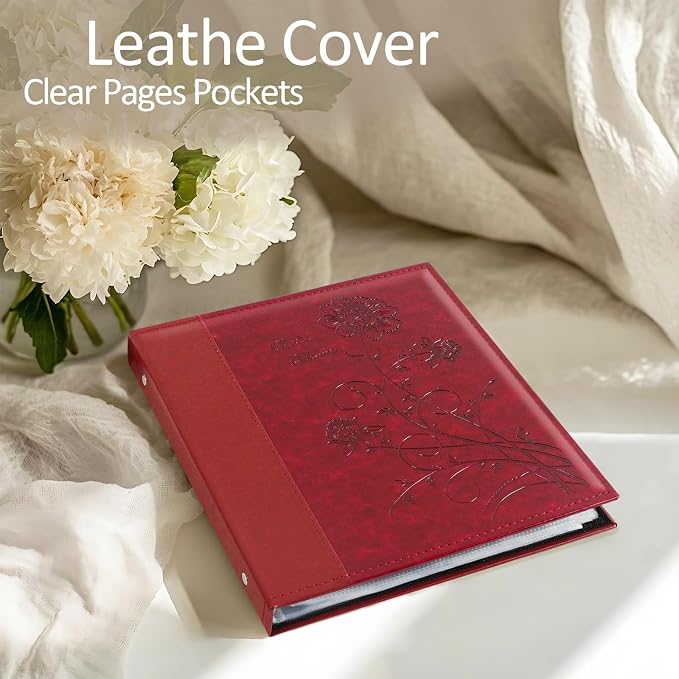 Photo Album 8x10 2 Packs Clear Pages Pockets Leathe Cover Slip Slide in Photo Album Each Holds 100 Vertical 8x10 Photos Picture Book for Wedding Family (Red)