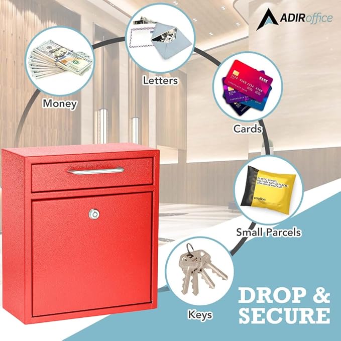 AdirOffice Wall Mount Mailbox - Mailbox with Lock and Keys- Durable Wall Mounted Locking Mailbox and Cash Drop Box for House, Apartments and Bussiness After Hours Deposits