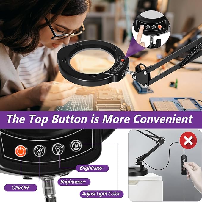12X Magnifying Glass with Light and Stand, 5 Color Modes 10 Stepless Dimmable, Real Glass 84 LED Lighted Magnifying Glass with Swing Arm, Magnifying Lamp for Crafts Reading Painting Sewing Close Work