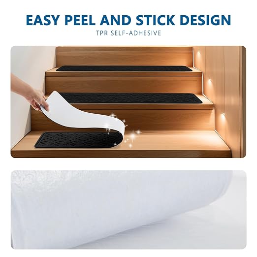 KOOTETA Stair Treads for Wooden Steps Indoor, 15 Pack 8"" X 30"" Non Slip Carpet Stair Treads with Reusable Adhesive for Kids Elders and Dogs, Surface Polyester TPR Backing Stair Rugs, Black-n