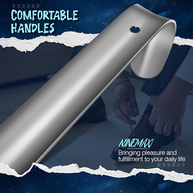 NINEMAX Shoe Horn Long Handle for Seniors Men Women, Metal Long Shoehorn Boot Horn 16.5'', Small Travel Stainless Steel Shoe Spoon Helper for Kids 7.5''