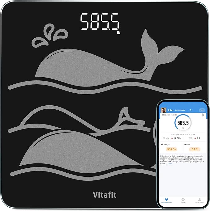 Vitafit FSA&HSA 660lb Weight Scale, Accuracy 0.1lb by Our Professional Scale Factory Since 2001,Smart Digital Scale for Body Weight BMI via APP, 8mm Non-Slip Tempered Glass 12.4" x 12.4",3*AAA, Black