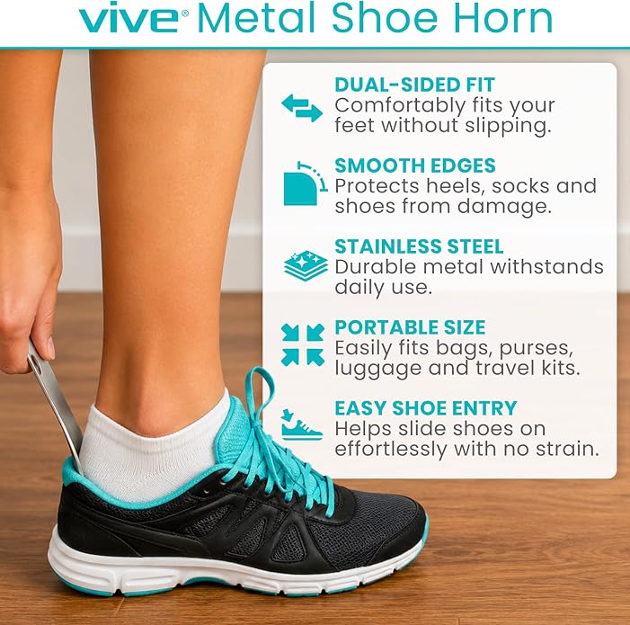 Vive Metal Shoe Horn For Seniors, Men, Women - Stainless Steel ShoeHorn | With Wide Handle - Metal Spoon Lazy Shoe Helper for Boots, Dress Shoes, Casual Sneakers - Portable, Extended Reach Helper