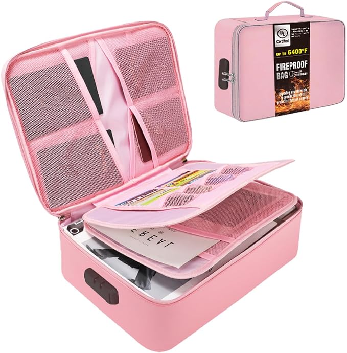 Fireproof Bag with Lock, Waterproof Fireproof Document Organizer for Safe Storage – Large Capacity File Storage Case for Home, Office, and Travel (pink)