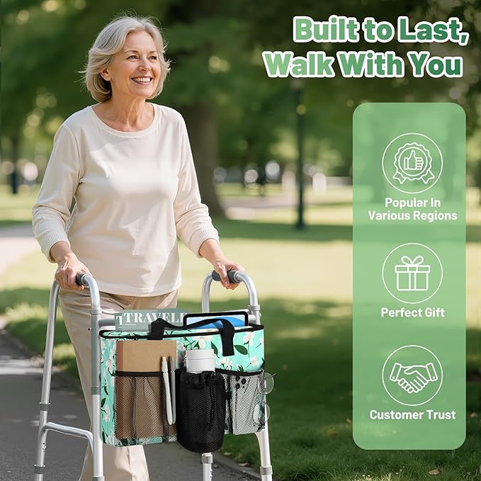 Rhino Valley Walker Bag, Large Capacity Walker Accessories Storage Bag with Multi Pockets & Cup Holder, Walker Basket with 4 pockets for Universal Walkers for Seniors, Green Lily