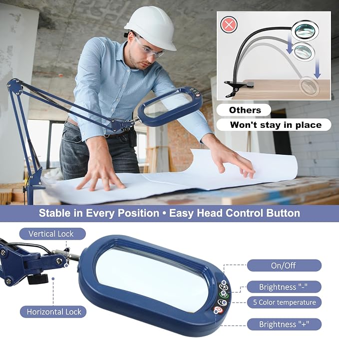 14.35" Large Magnifying Glass with Light and Clamp, Real Glass, 5 Color Modes, Stepless Dimmable, Lighted Magnifier with Stand Hands Free, LED Swing Arm Desk Lamp for Close Work, Craft, Blue