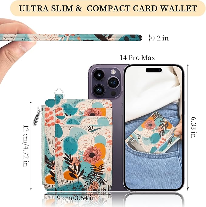 Hancynir Boho Flower Floral Slim Wallet Women Credit Card Holder RFID Small | Zipper Pocket Wallet, Thin Travel Coin Purse, Ladies Women Gifts, Minimalist Card Case, 6 Card Slots, ID Window, PU Leather