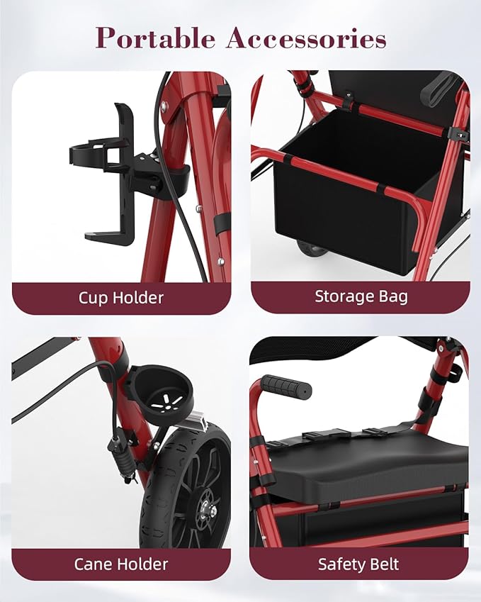 Walkers for Seniors with Seat, 2 in 1 Rollator Walker & Transport Chair with Reversible Backrest & Detachable Footrests, Folding Wheelchair with 8" Anti-Slip PU Wheels, Red