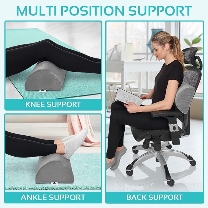 2 Pack Large Half Moon Bolster Pillow for Legs, Knees, Lower Back and Head (2 Pack) Lumbar Support Pillow for Bed, Sleeping | Semi Roll for Ankle and Foot Comfort - Machine Washable Cover, Grey