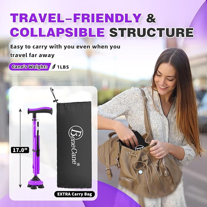 BeneCane Walking Cane for Men & Women Walking Stick for Seniors Folding Canes Quad Cane Adjustable Lightweight Sturdy Collapsible Heavy Duty with Soft TPR T-Handle and Travel Bag