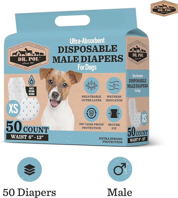 Dr. Pol Male Dog Diapers, Belly Bands, XS (6–13" Waist), 50 Count