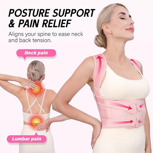 Back Brace Posture Corrector for Women & Men, Adjustable Full Back Support, Shoulder Straightener for Upper & Lower Back Pain Relief-Scoliosis, Hunchback, Waist Trainer (Medium, Pink)