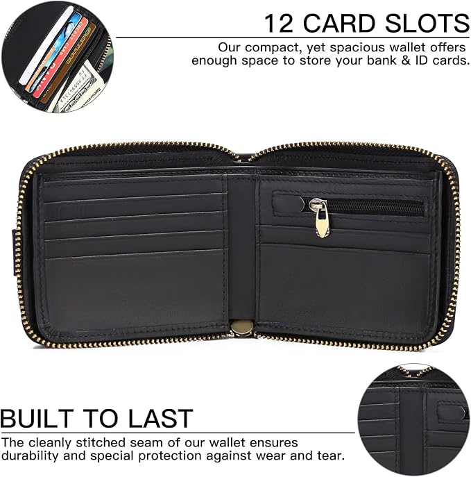 GOIACII Zipper Wallet for Men Genuine Leather RFID Blocking Mens Wallet with Zipper Coin Pocket ID Window Zipper Wallets Large Capacity