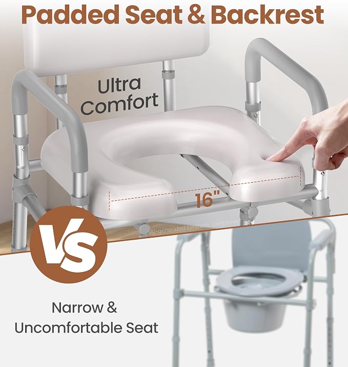 soundfuse Bedside Commode Toilet, Padded Seat and Backrest, Aluminum Frame | Height Adjustable, Dual-Crossbar, Portable Toilet for Seniors and Adults, Removable Potty Bucket, Tool-Free Assembly, 350 lbs
