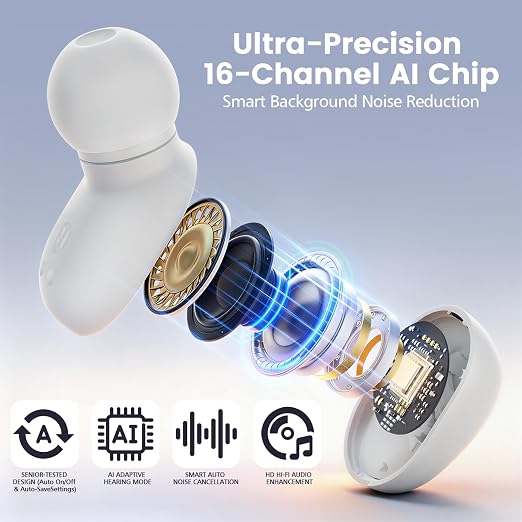 Rechargeable Bluetooth Hearing Aids for Seniors - OTC Digital Hearing Amplifier with 16-Channel AI Noise Cancellation, 8-Level Volume Control, Comfort Fit & 300mAh Battery - Includes Charging Case