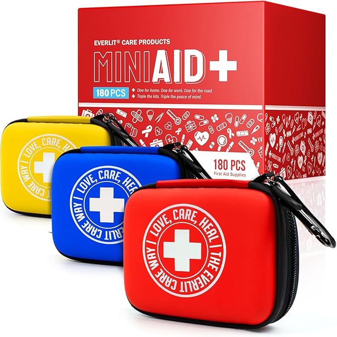 EVERLIT CARE MiniAid First Aid Kit | Compact & Lightweight Case with Carabiners for Travel | Family & Kid Friendly 180 Pcs Wound Care Supplies for School, Work, Outdoor, Home & Office | Pack of 3